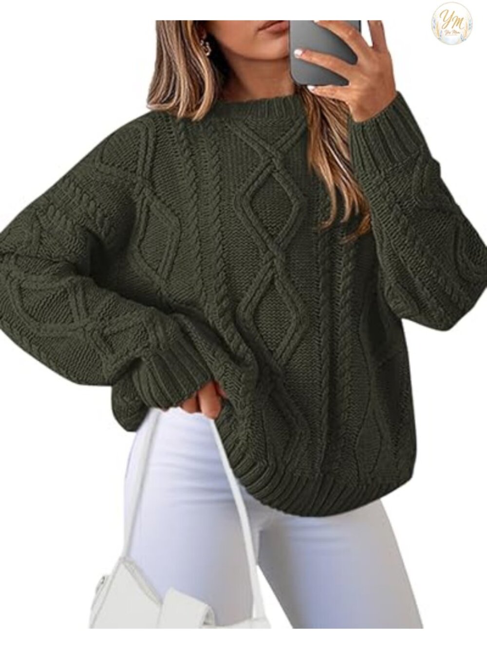 Casual Long Sleeve Crew Neck Cable Knit Pullover Sweater Loose Fit